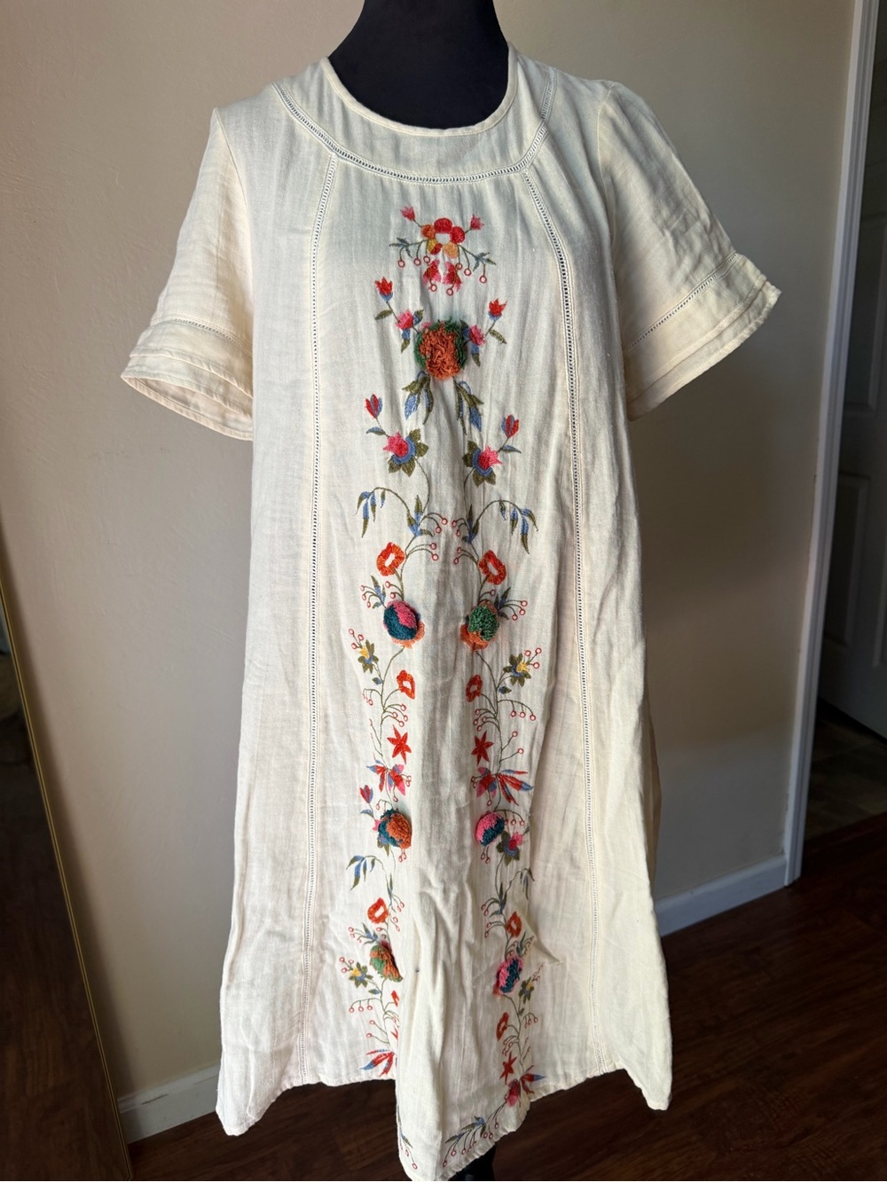 Cream embroidered boho midi dress cotton roolee adley small ruffle Pom Pom